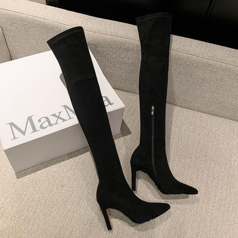Autumn and Winter Over-the-knee Women's Boots European and American Large-size Shoes Pointed-toed Square-heeled Over-the-knee Boots Black Medium-heele