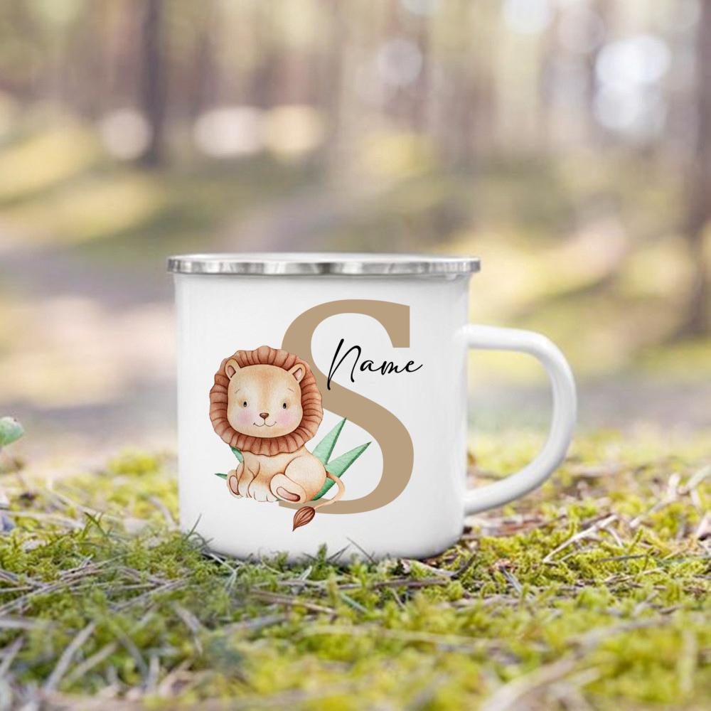Personalized Mug for Kids Custom Deer Lion Initial with Name Cup for Boys Girls Child Handle Mugs Birthday Festive Gifts for Kid