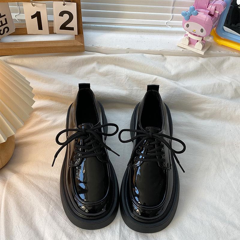 With Skirts, Small Leather Shoes, Women's Spring and Autumn New Retro Student Versatile Lace-up Thick-soled Height-increasing Single Shoes