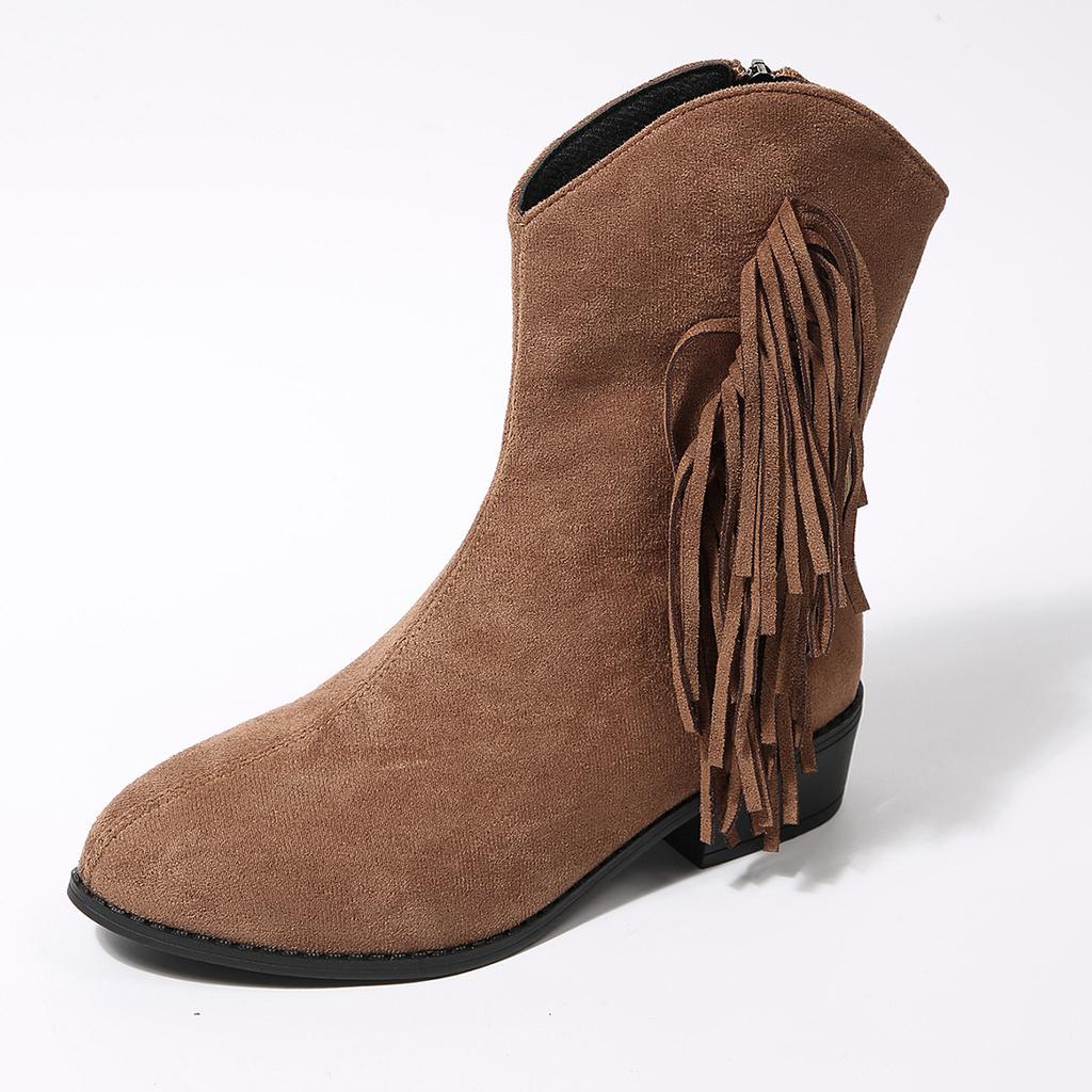 Fringe Boots Women's Winter 2025 New Plus-size British-style Thick-heeled V-mouth Booties