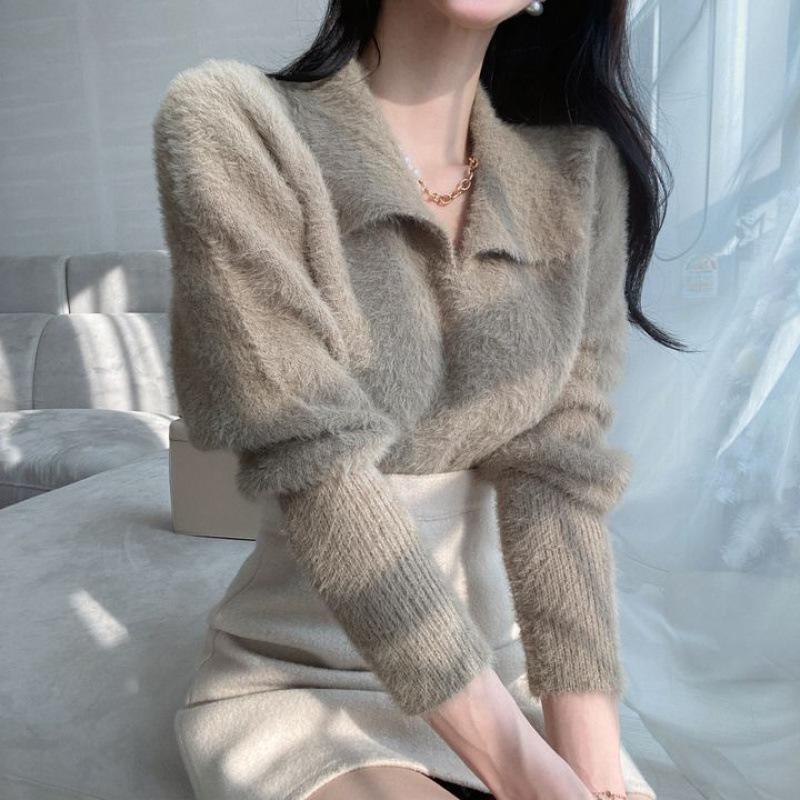 Temperament Celebrity Imitation Mink Sweater Women's Autumn and Winter Lapel Collar Foreign Style Waist Design Knitted Sweater Short Top