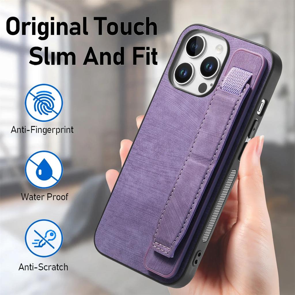 Kickstand Wrist Strap Leather Phone Case for iPhone 16 15 Pro Max Plus SE 2025 Shockproof Protective Cover
