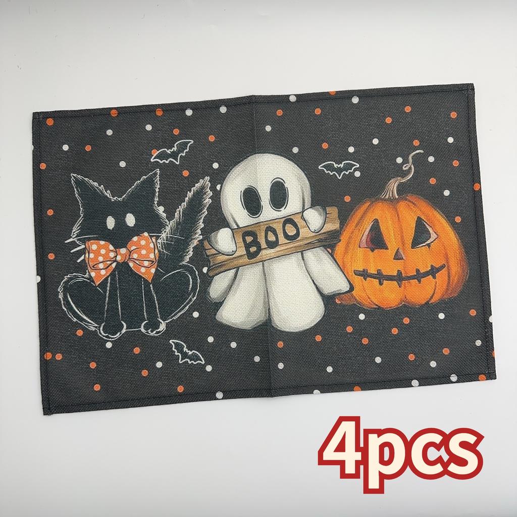 Halloween Meal Mat Set of 4 – Ghost,Pumpkin,Cat & Bat, Non-Slip Heat-Resistant Polyester Mats for Indoor/Outdoor – Festive Decor