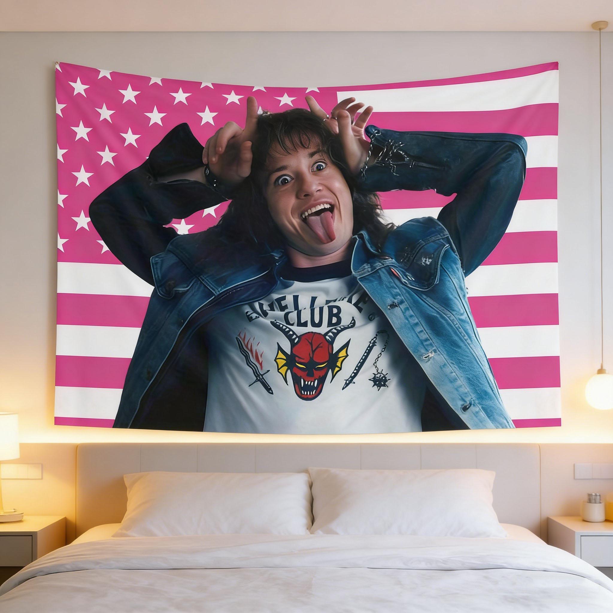 

Eddie Munson Pink Flag Tapestry Joseph Quinn Inspired Print Assorted Grommets Bright Aesthetic Wall Art Decoration 74x94cm(29x37in)