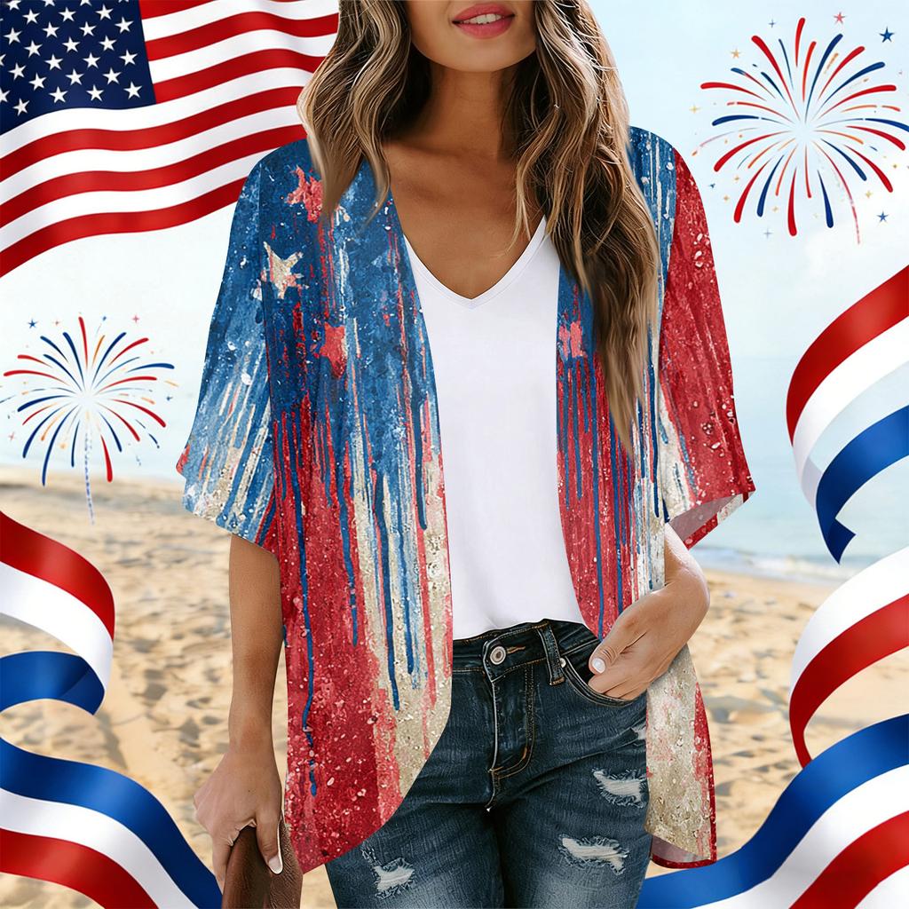 Women's Independence Day Print Cardigan, Loose-Fit Tunic, Casual Shirt