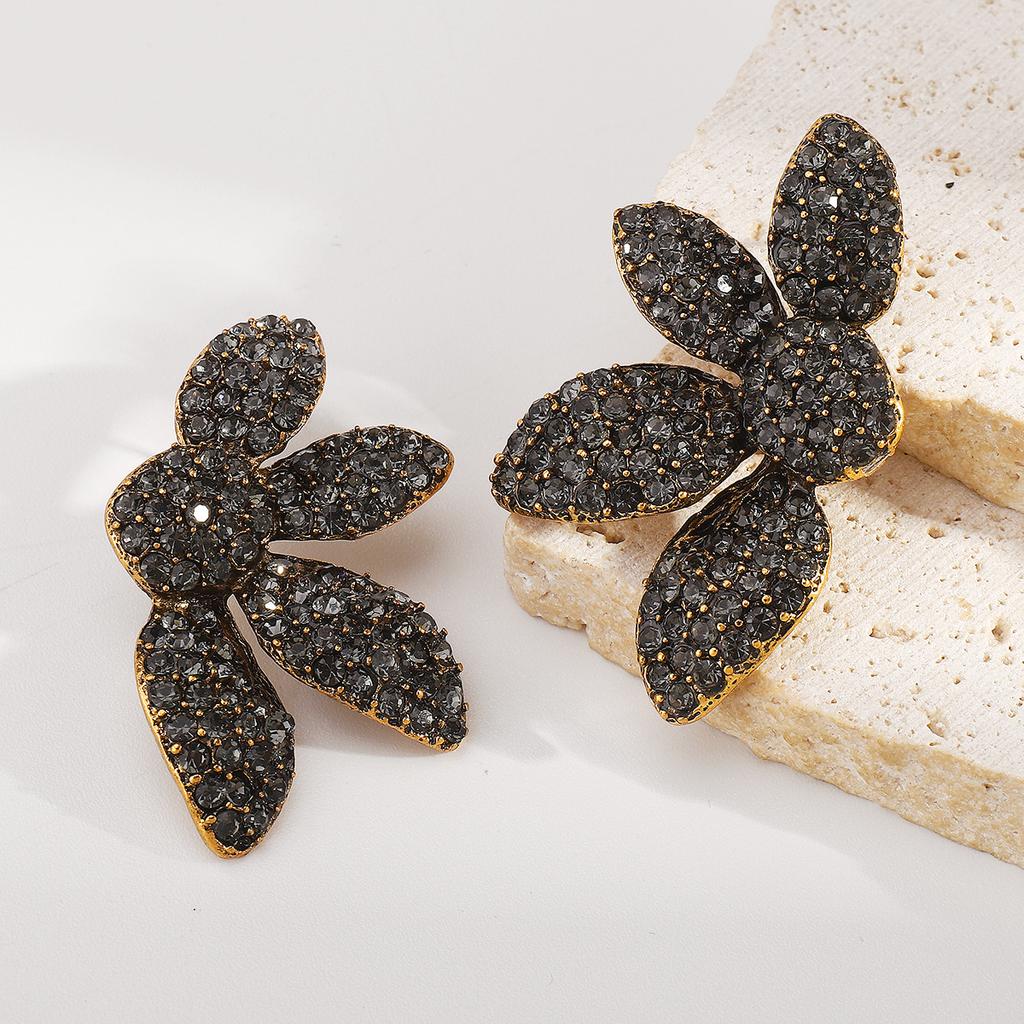 Übertriebene Strass-Blatt-Steckohrringe für Damen, Vintage Gothic Schwarzer Zirkon Kristall Blume Ohrringe, Party Schmuck Geschenke
