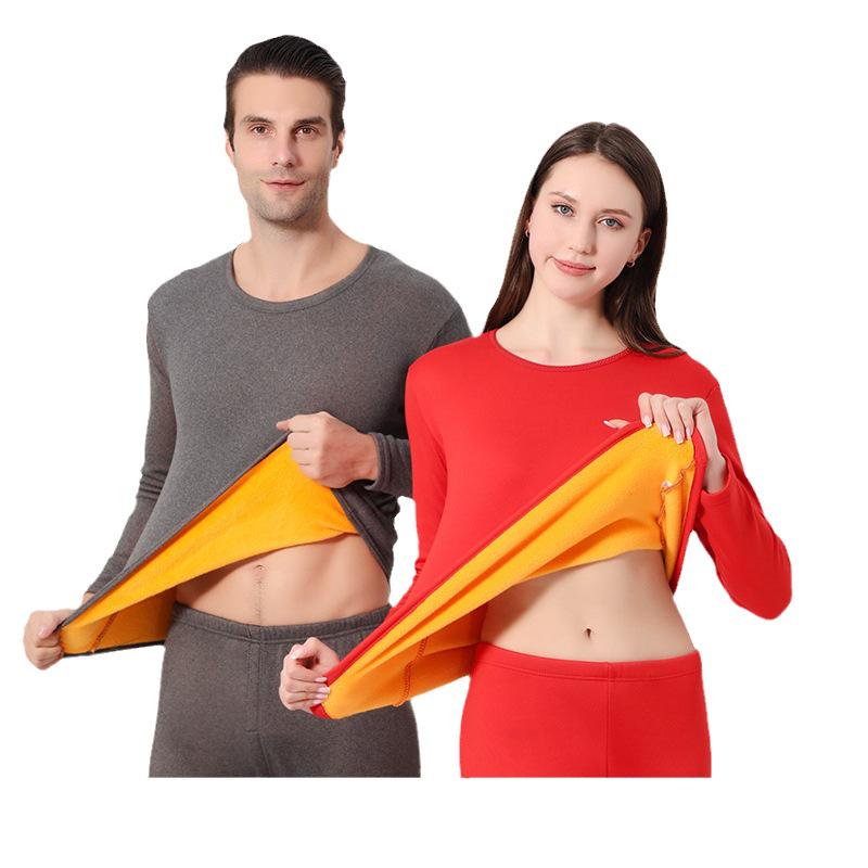 Women's & Men's Slim Fit Thermal Underwear Set - Golden Velvet, Round Neck, Autumn/Winter.