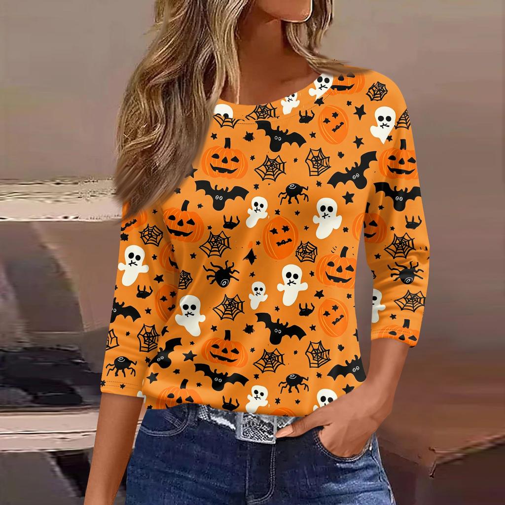 Women's Halloween Print 3/4 Sleeve Loose Fit Casual T-Shirt Round Neck Comfortable Top for Everyday Wear