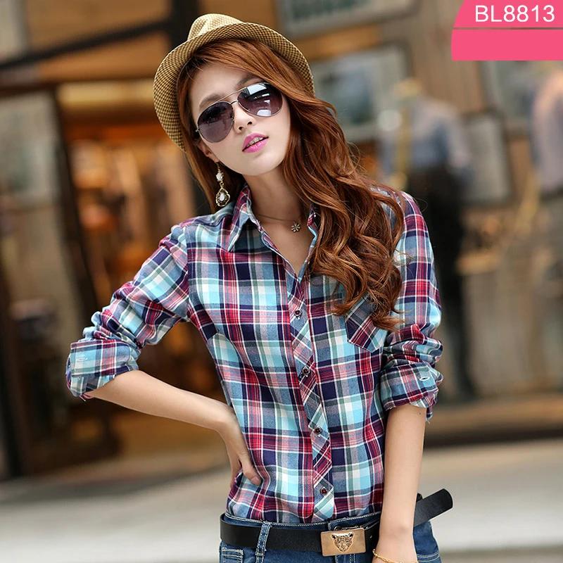 100% Cotton Women's Blouse Plaid Shirts Women's Long Sleeve Top S-5XL,Single Breaste Button Women's Shirt With Chest Pockets