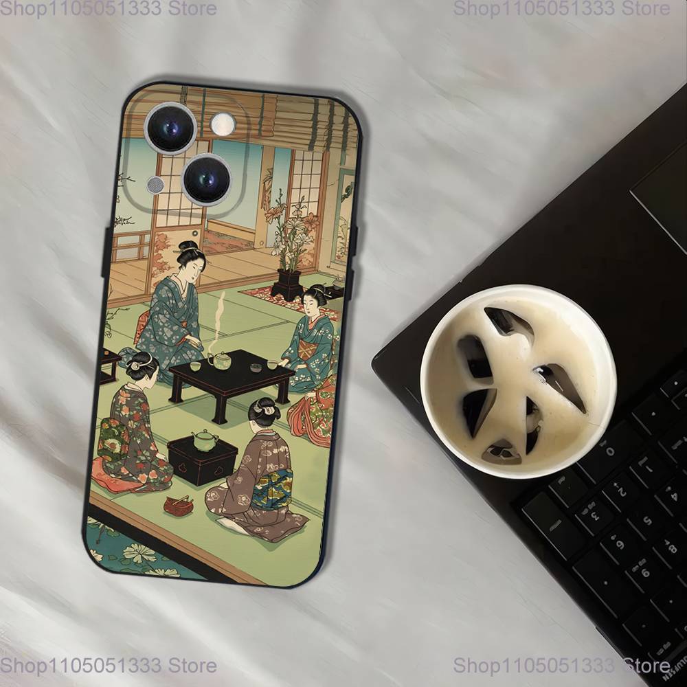 Japan Style Ukiyo-e Phone Case For iPhone 17,16,15,14,13,12,11,Pro,XS,Max,XR,Plus,E,SE4,Mini Black Soft Cover