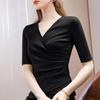 Women Summer Cotton V Neck Cross Waist Top Black Medium Sleeve Tshirt New