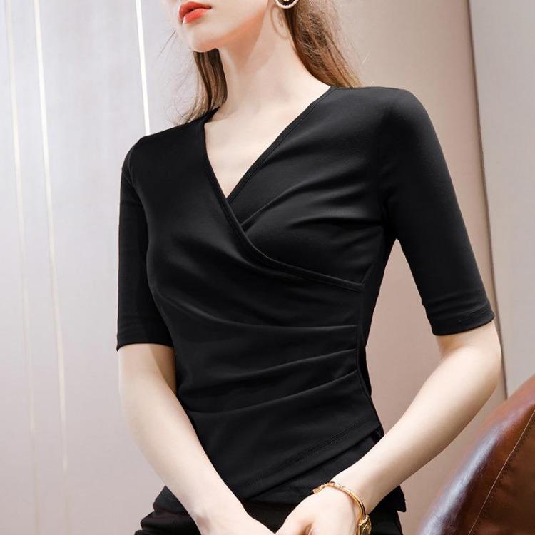 Women Summer Cotton V Neck Cross Waist Top Black Medium Sleeve Tshirt New