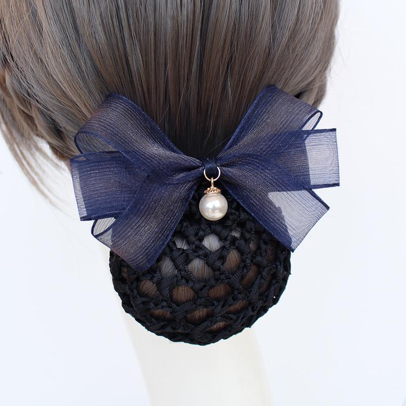 Vocational Nurse Head Flower Mesh Pocket Hairpin Silk Yarn Pearl Pendant Bow Stewardess Bank Disc Hair