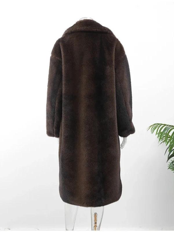 Dark Brown Faux Fur Long Coat - 2024 Winter Collection: Plush, Warm, and Thickened.