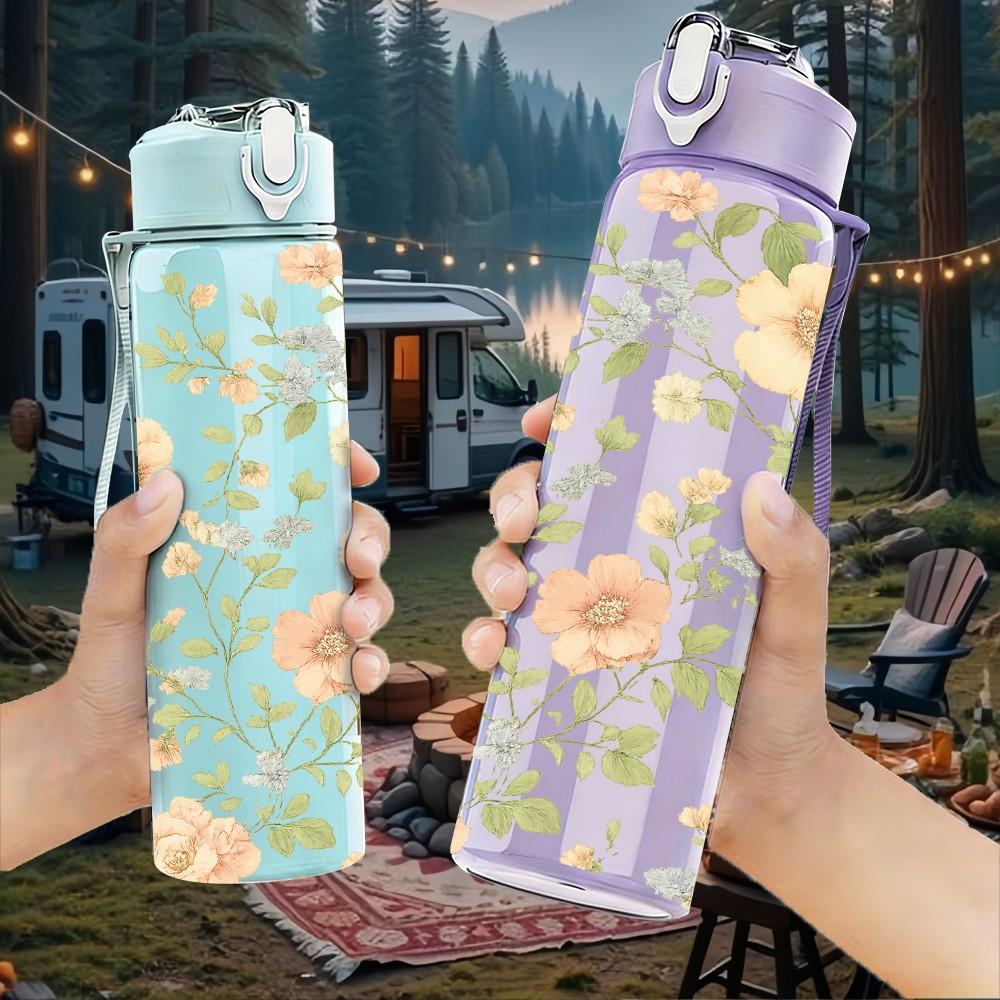 1PC Soft Floral Vintage Print 750ml Color Plastic Sports Water Bottle Leakproof Flip Straw Lid Suitable for Sports Office Home Use