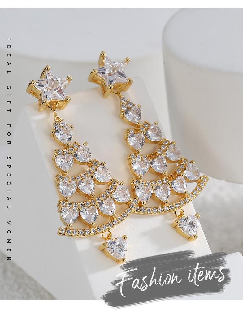 E0541 Boucles d'oreilles arbre de Noël haut de gamme pour femmes: Style Européen & Américain, Cuivre avec Zircon Plaqué Or