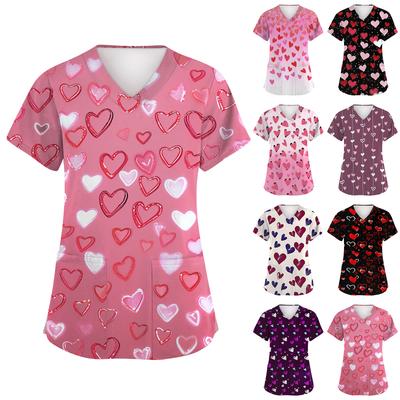 Women's Fashion Short-Sleeve Valentine's Day Print V-Neck Pocket Workwear Top