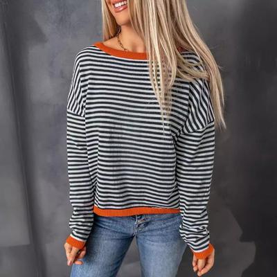 Herbst Winter Damen Rundhals Gestreift Kontrastfarben Langärmelig Lässige Pullover & Lange Ärmel