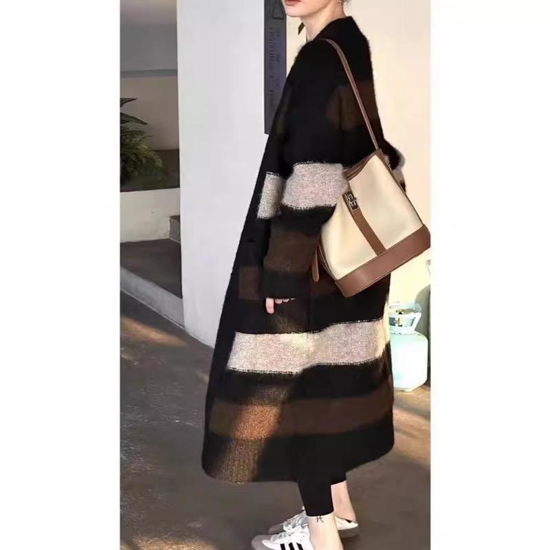 Autumn and winter new lazy style loose medium and long contrasting stripes thickened sweater knitted cardigan jacket women's trend