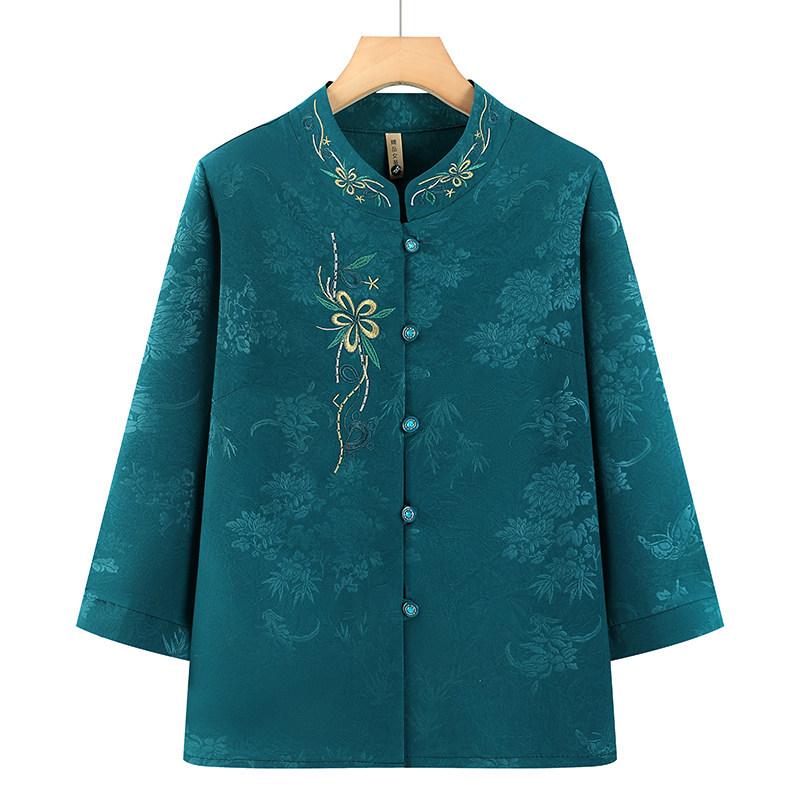 

Grandma s Retro Summer Embroidered Seven-Sleeve Stand-Collar Cardigan for Plus-Size 4XL - fits 135-150 jin зелений