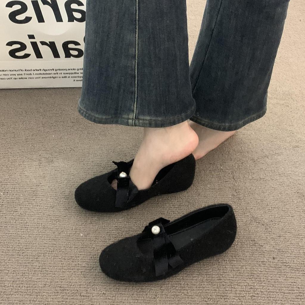 Flat-bottomed French ballet single shoes women's shoes 2025 new spring gray Mary Jane gentle evening shoes