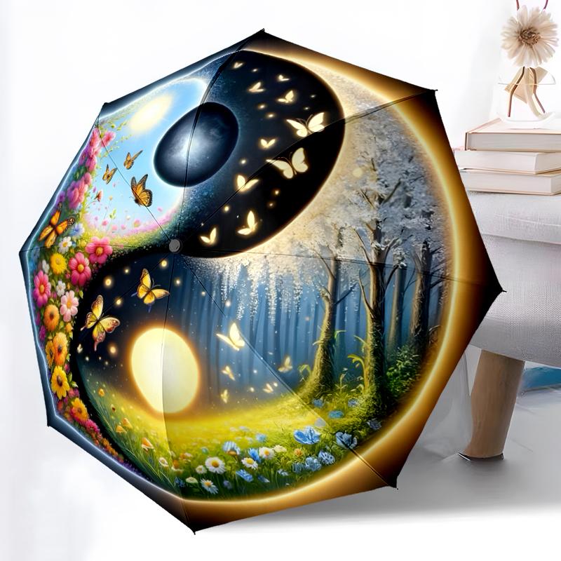 1pc Sturdy 8-Bone Auto Umbrella, Bagua Formation Butterfly Umbrella, Digital Printed, Foldable Umbrella for On-the-Go Outdoor Use