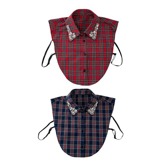 Women Plaid Fake Collar Red Blue Christmas Plaid Collar with Rhinestones Detachable False Collar for Sweater Sweatshirt Hoodie