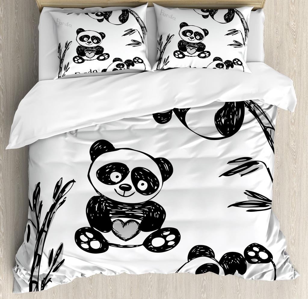 Kid Duvet Cover Twin, Cute Panda Bedding Set for Bedroom Decor, Kawaii Black White Bear Comforter Cover for Children Boys Girls