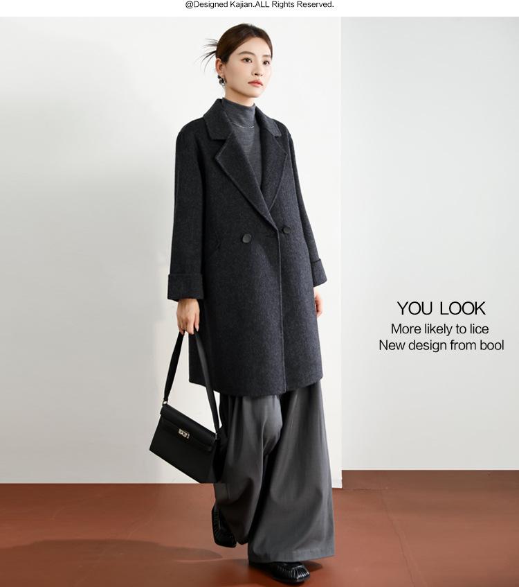 Women's Mid-Length Black Double-Faced Cashmere Wool Coat - 2025 Autumn/Winter Collection
