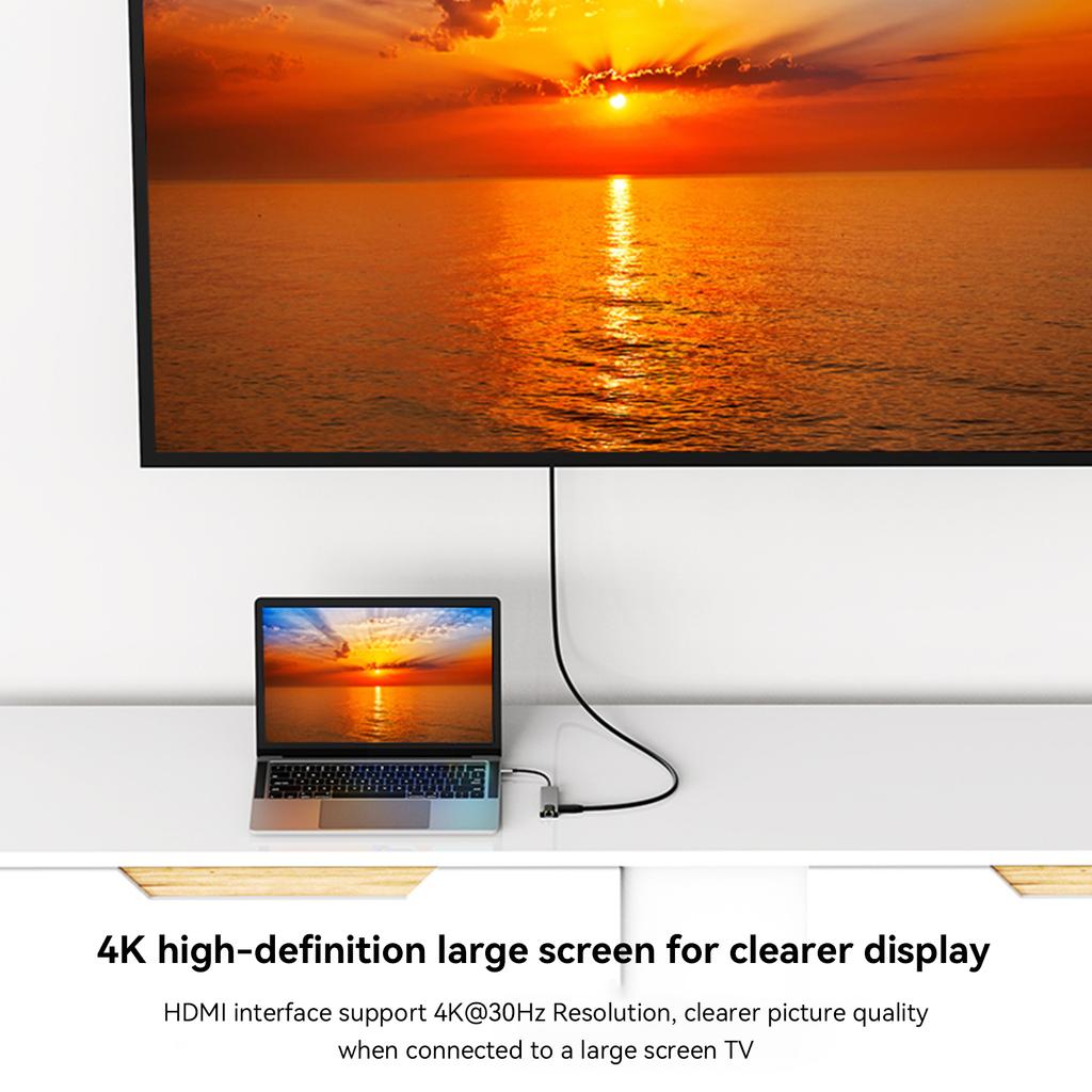 6 In 1 TYPE-C To HDMI+USB3.0+2.0+RJ45 100M+PD+Data Interface Hub Adapter Dock