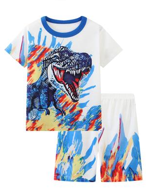 2pcs Boys Casual Dinosaur Print Cartoon Cool Short Sleeve Top + Shorts Pajamas Loungewear Set For All Seasons