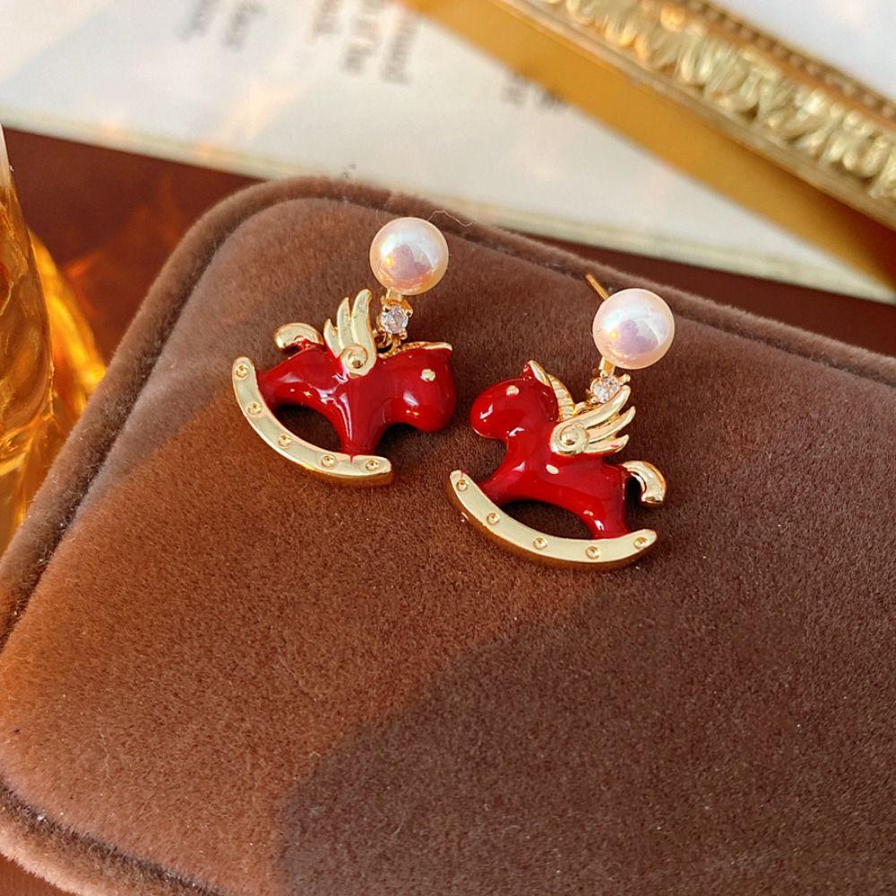 Zodiac Pony Cartoon Horse Earrings Chinese Horse New Year Red Drop Earrings  Lady