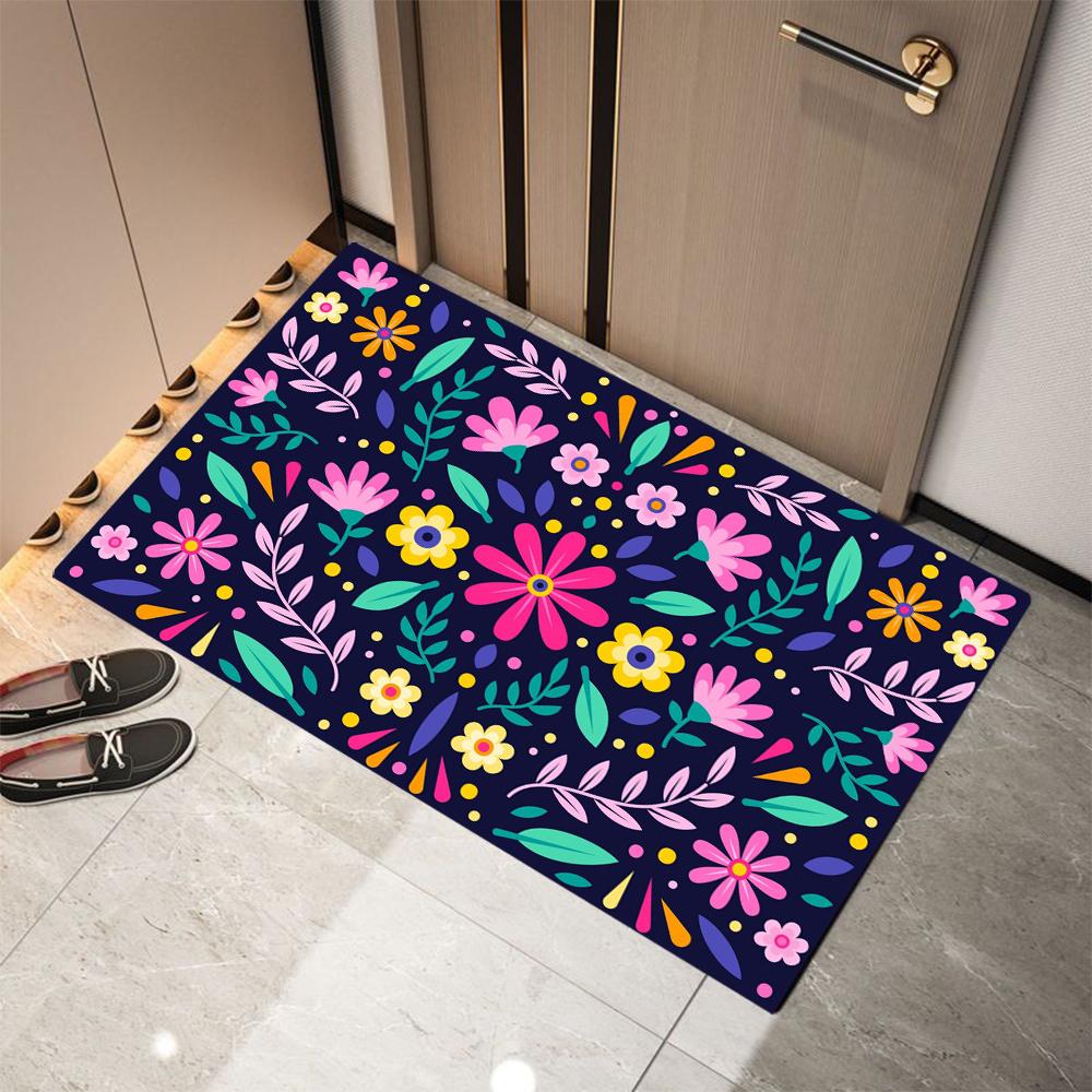 Mexican-style Flower Print Welcome Doormat Non-Slip Machine Washable Carpet for Living Room Bedroom Bathroom Kitchen Laundry Rug