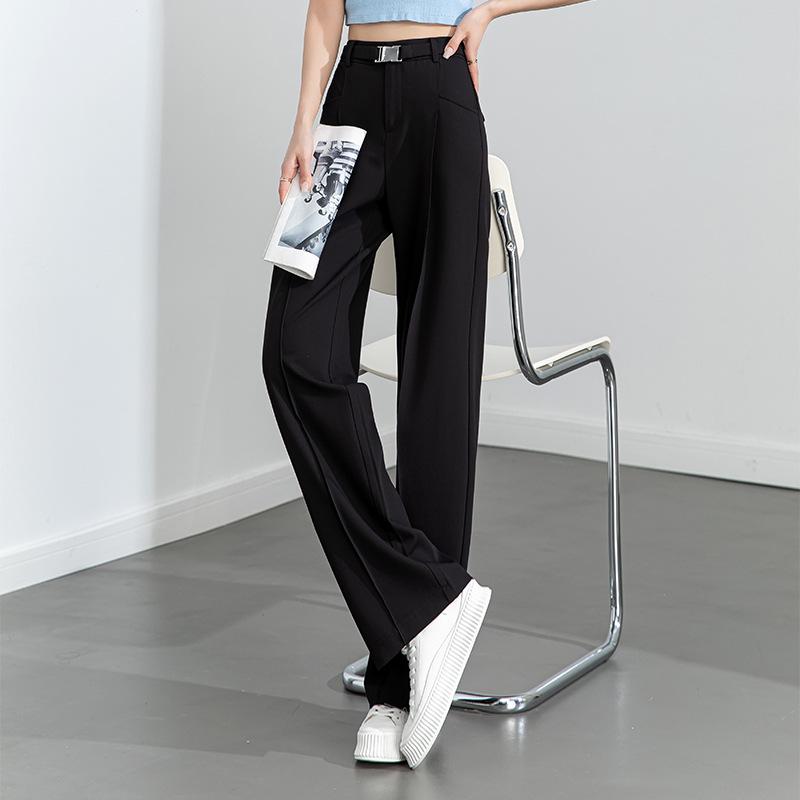 Summer thin Tencel straight-leg pants women's high-waisted thin and drape trousers loose wide-leg pants mopping dark gray belt