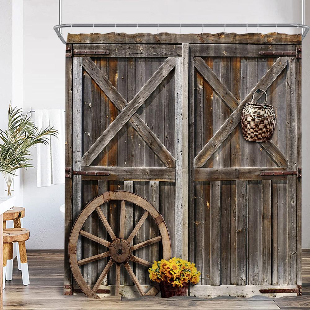 Rustic Barn Door Shower Curtains Rural Life Green Vines Wheel Wooden Plank Door Bath Decor Vintage Western Cowboy Bath Curtain