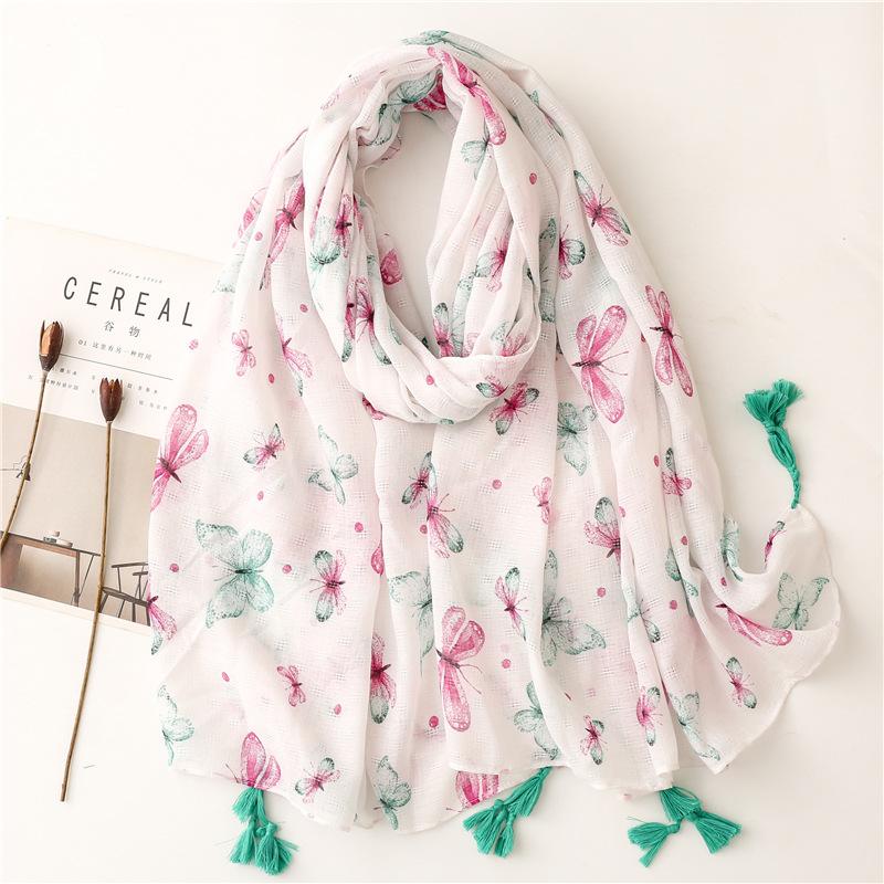 Lovely Animal Pink Flying Butterfly Pattern Tassel Viscose Shawl Scarf Lady Headband Pashmina Stole Muslim Hijab Sjaal 180*90Cm
