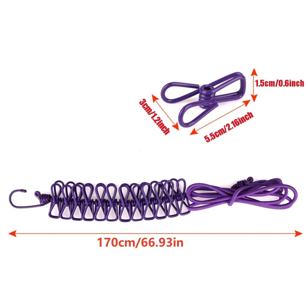 1pc Portable Clothesline With 12 Clips Polychrome Outdoor No Punching Required Travel Camp Retractable Clothes Rope Drying Rack