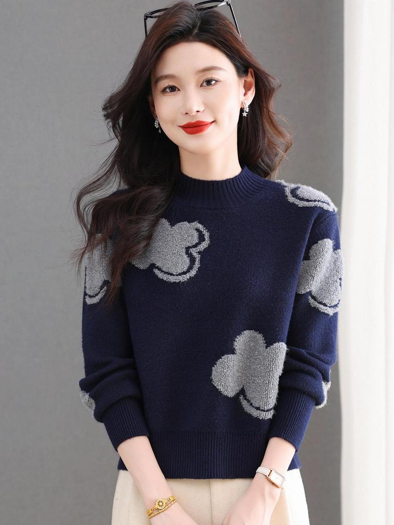 2025 Women's Colorblock Cashmere Wool Sweater: Round Neck, Jacquard Knit, Loose Fit, Versatile and Soft.