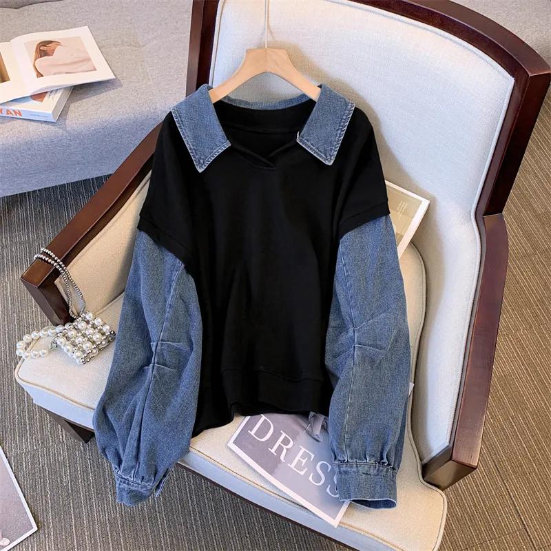 

Women s Spring Autumn Denim Patchwork V-neck Long Sleeved Sweatshirt Loose Pullover Top S