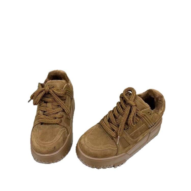 European Station 2025 Winter New Leather Velvet Thick-soled Heightening Muffin Shoes Versatile Casual Board Shoes Bread Shoes Women