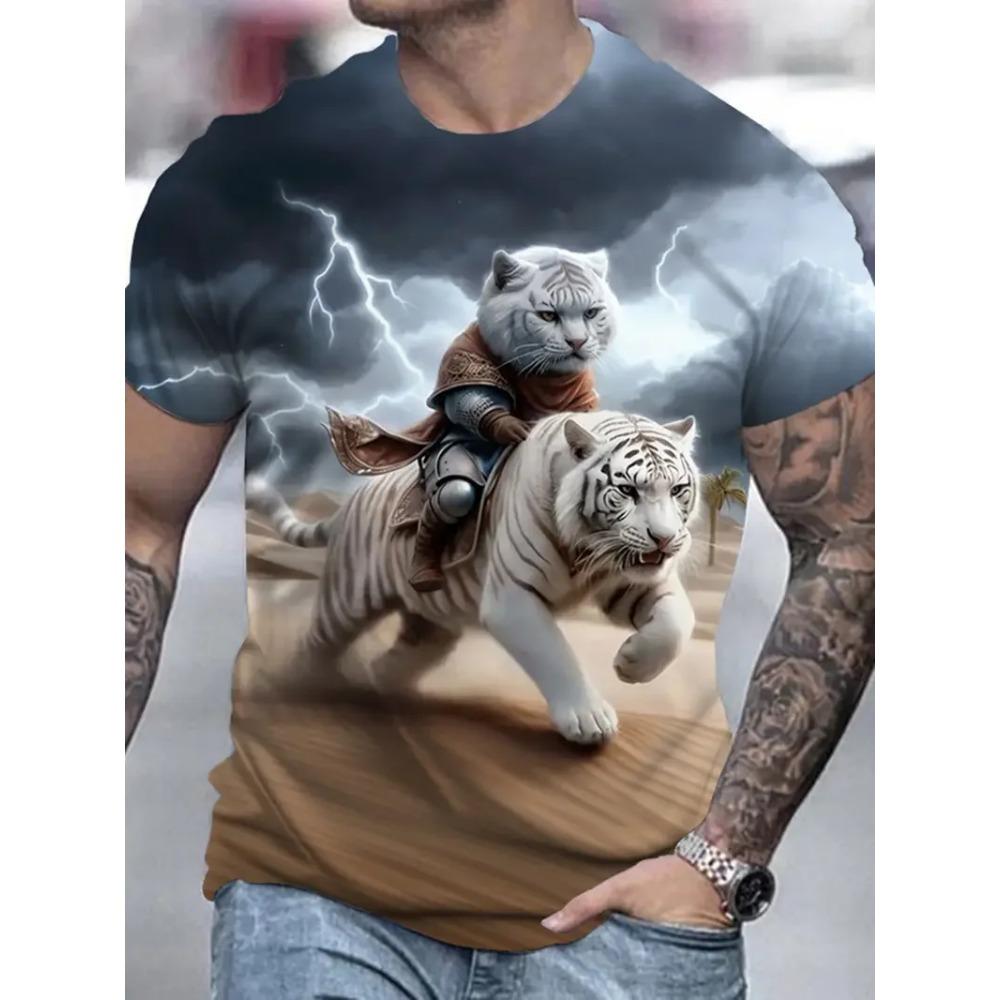 Men's Casual 3D Cute Cat Print T-Shirt, Crew Neck Short Sleeve, Street Sportswear, Outdoor Top, Loose Fit Clothing