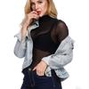 Damen Langarm Oberteil mit hohem Kragen Transparentes Mesh-Einsatz Lässige Bluse Hemd Addswhich