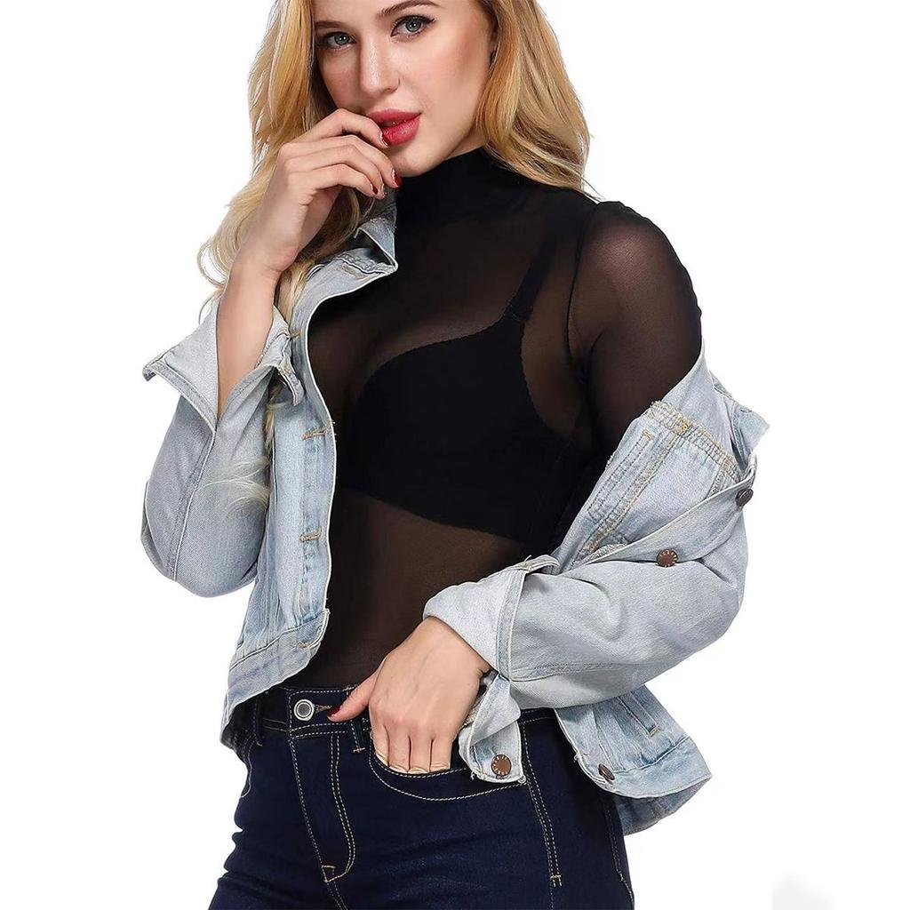 Damen Langarm Oberteil mit hohem Kragen Transparentes Mesh-Einsatz Lässige Bluse Hemd Addswhich