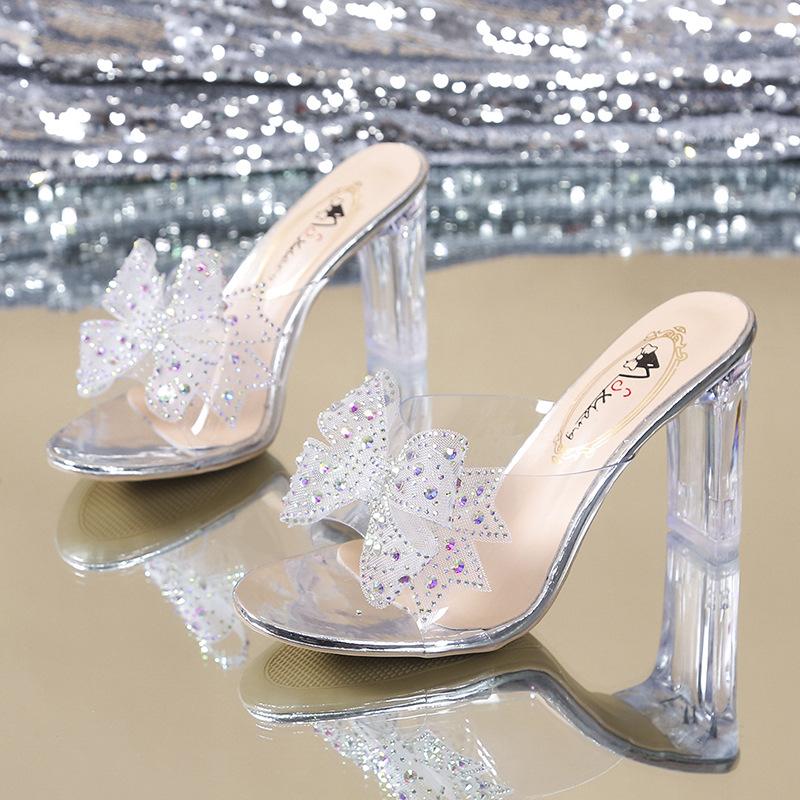 Slippers wear summer new sexy thick heel one-word drag rhinestone high heel sandals tide 39 бежевый 3700₽