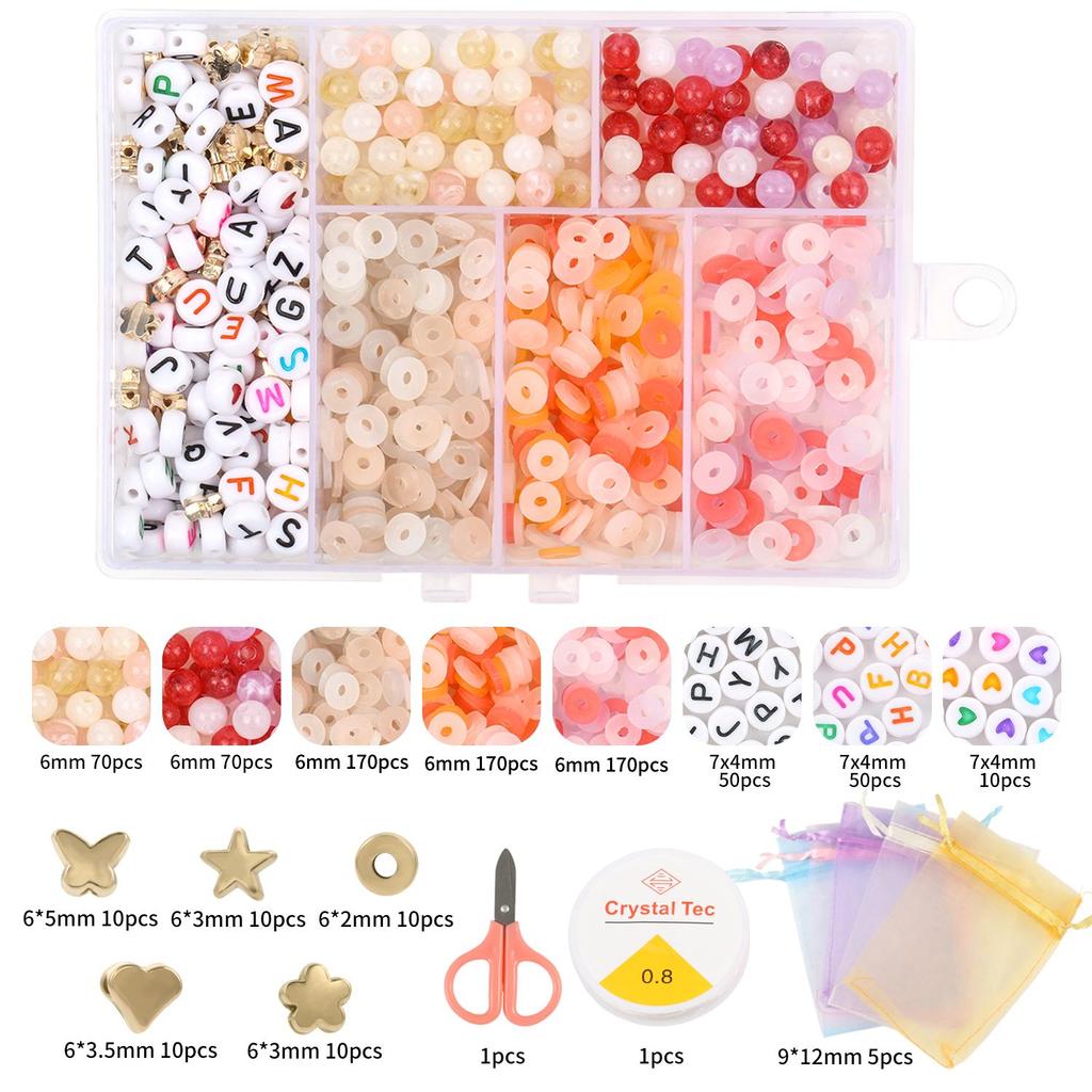 1set 6 Grid 6mm Acrylic Bead Letter Kit Flat Circular Transparent Polymer Clay Bead for Jewelry Making Kit with DIY Bracelet Necklace Elastic Rope Box