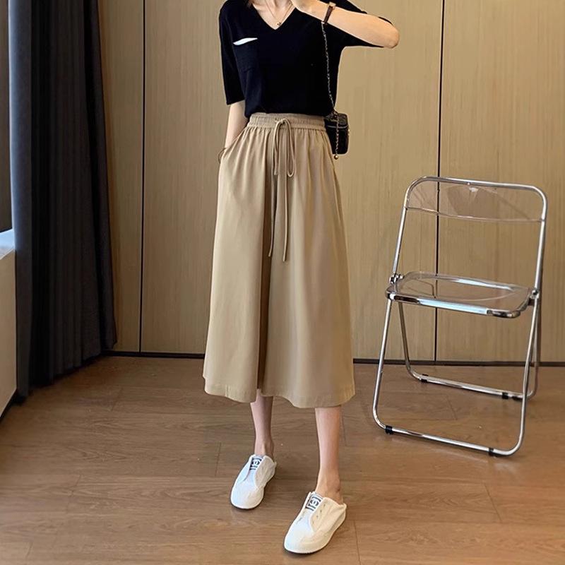 Women's Summer Wide-Leg Cropped Pants: Pear-Shaped, High Waist, Slimming, Loose Fit with Drapey Drawstring