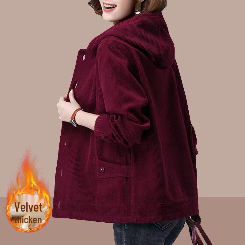 Plus Size Women's Corduroy Hooded Jacket, Spring/Autumn/Winter, Trendy Mother's Wear