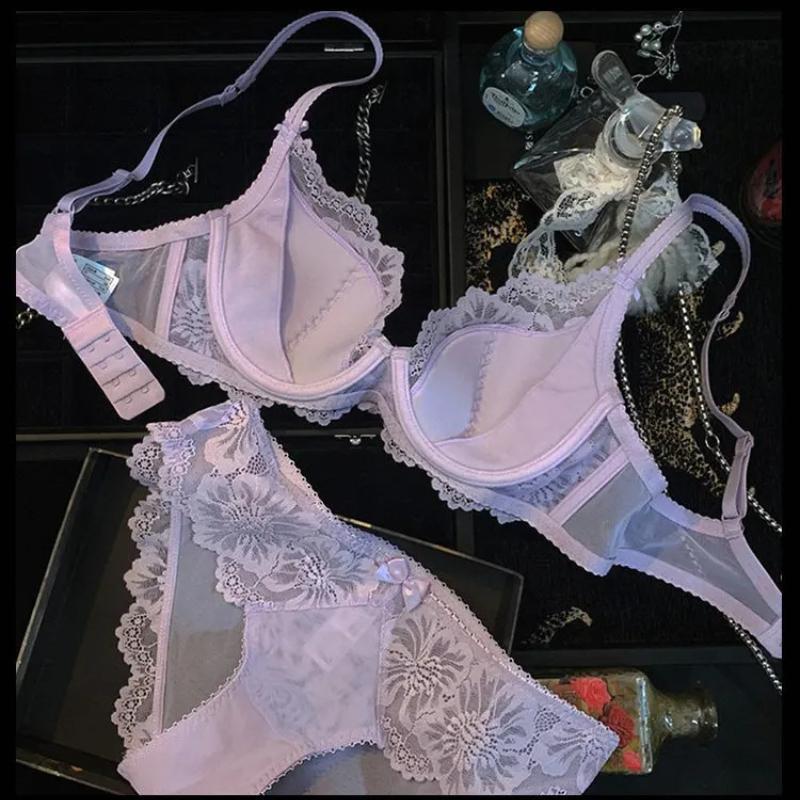 Ladies Summer Violet Lingerie French Thin Cup Push Up Bra Set Sexy Lace Flowers Embroidery Women Underwear Bra Briefs Set