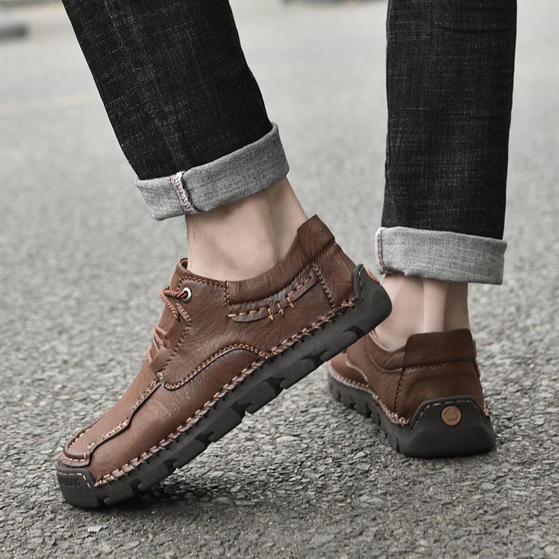 Genuine Leather Lace Up Men Casual Flat Shoes Comfortable Non-slip Lightweight Daily Walking Driving Shoes for All Seasons