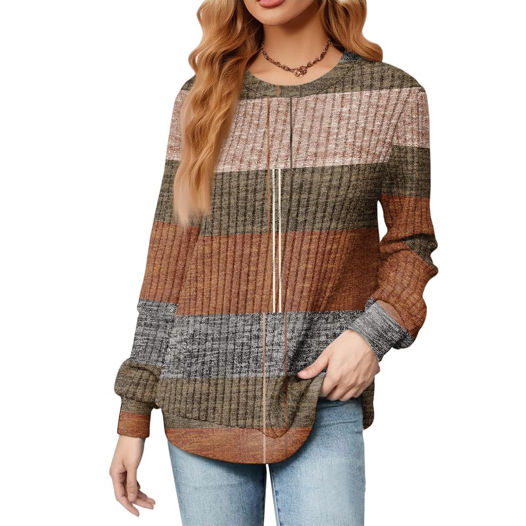 Fashionable Women's Long Sleeved Striped Printed Lightweight Sweater With Loose Round Neck Top